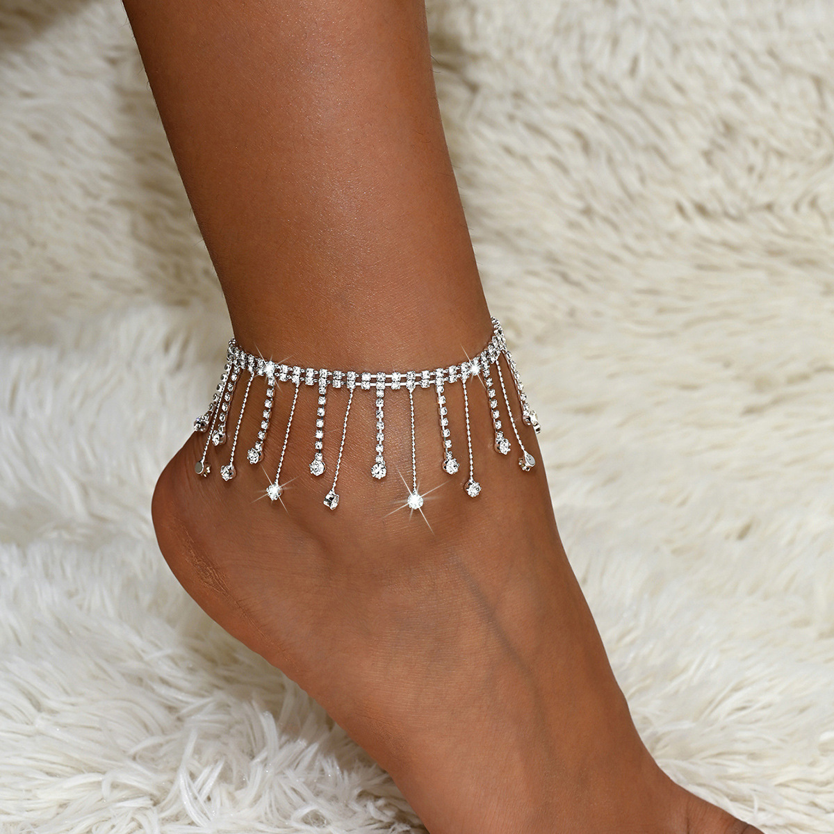 Crystal Rhinestone Dangle Anklet Silver Plated Fashion Jewelry